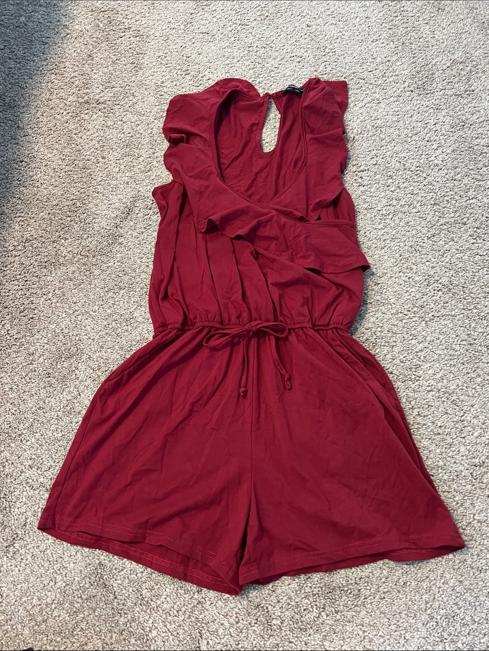 Women’s Burgundy Ruffle-Shoulder Romper with Drawstring Waist